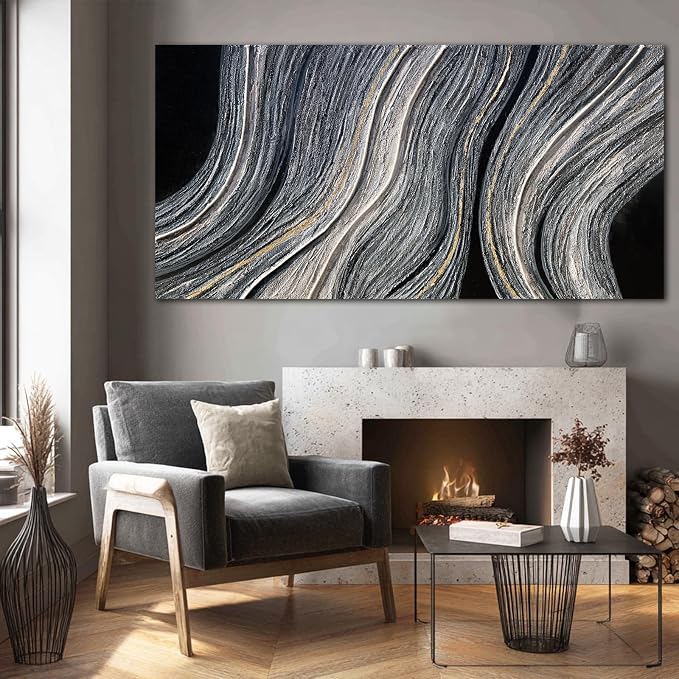 ZUNARE Contemporary Abstract Canvas Wall Art Black and white and gold Linear Painting, Minimal Modern Artwork for Living Room Bedroom Office Kitchen Wall Decoration 29"x58"