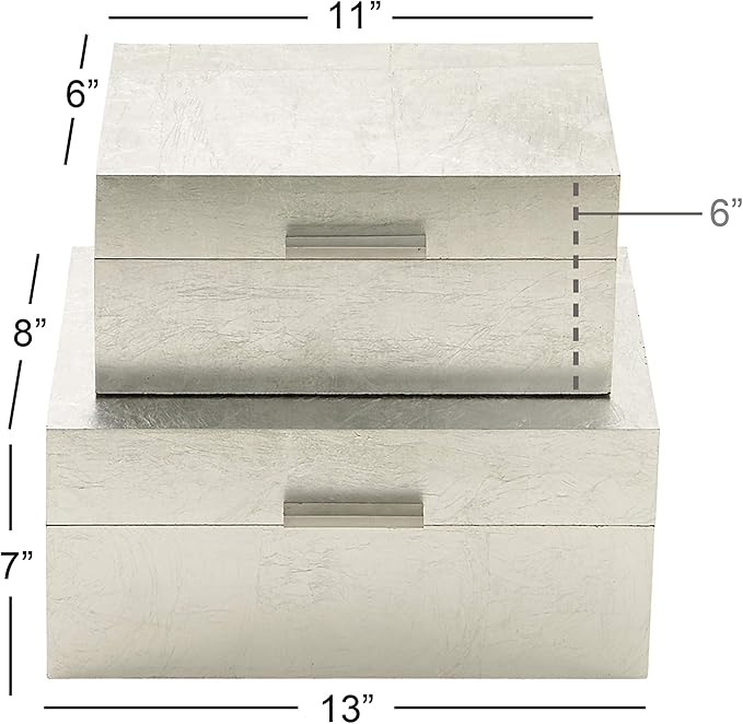 CosmoLiving by Cosmopolitan Wooden Decorative Box Decorative Keepsake Boxes with Textured Foiled Exterior, Set of 2 Storage Boxes 13", 11"W, Silver