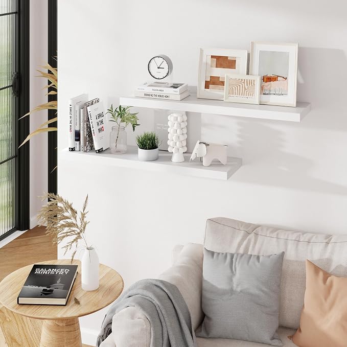 Floating Shelves for Wall, 36 inch White Wall Shelves, 9.3in Deep Bathroom Floating Shelves, Wooden Floating Shelf for Bedroom, Living Room, Kitchen, 36" W x 9.3" D x 1.5" H, 2 Packs