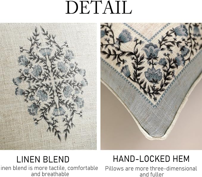 ISAENNE Designer Linen Throw Pillow Cover,Set of 2,20"x12"-Segerman A | Elegant Chinoiserie Rectangle Pillow Cover,Concealed Zipper Design,Floral Pattern,Sofas,Bedroom,Living Room,Lounge Chairs