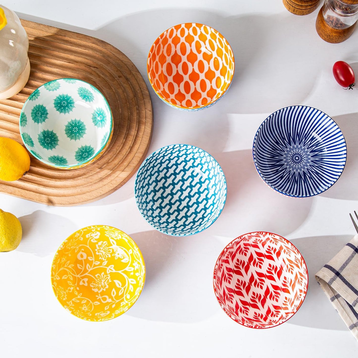 Ceramic Dessert Bowls Set - 11 Oz Porcelain Ice Cream Bowl for kitchen - 4.7 Inch Small Cereal Bowl for Salad, Fruits, Ramen - Microwave Dishwasher Safe - Set of 6 - Assorted Colors