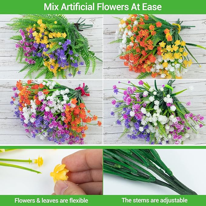 Ouddy Decor 12 Bundles Artificial Flowers for Outdoors UV Resistant Fake Plastic Plants Faux Boston Fern Greenery Stems for Spring Summer Indoor Garden Patio Window Box Kitchen Home Decor, Mixedcolor