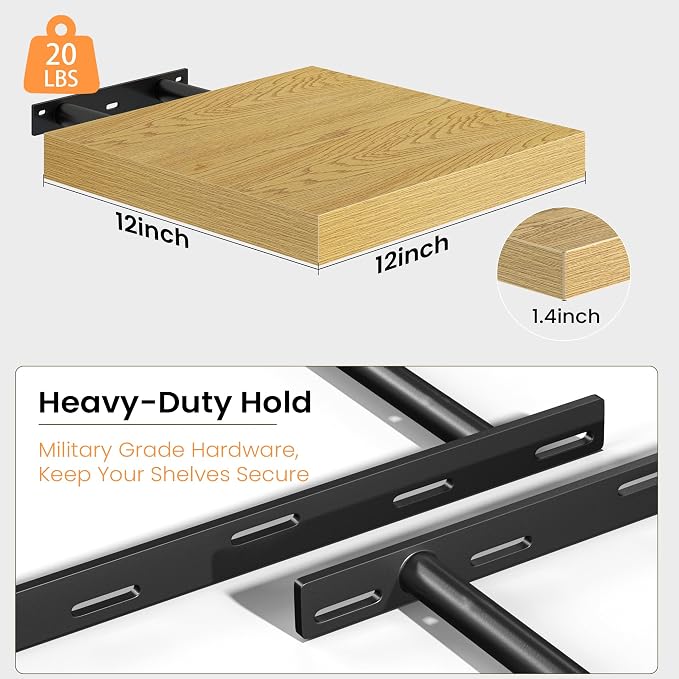 Fun Memories Floating Shelves for Wall, 12 Inch Set of 3 Rustic Wood Wall Shelves with Invisible Brackets, Heavy Duty Storage Display for Bathroom Bedroom Living Room Kitchen, Oak