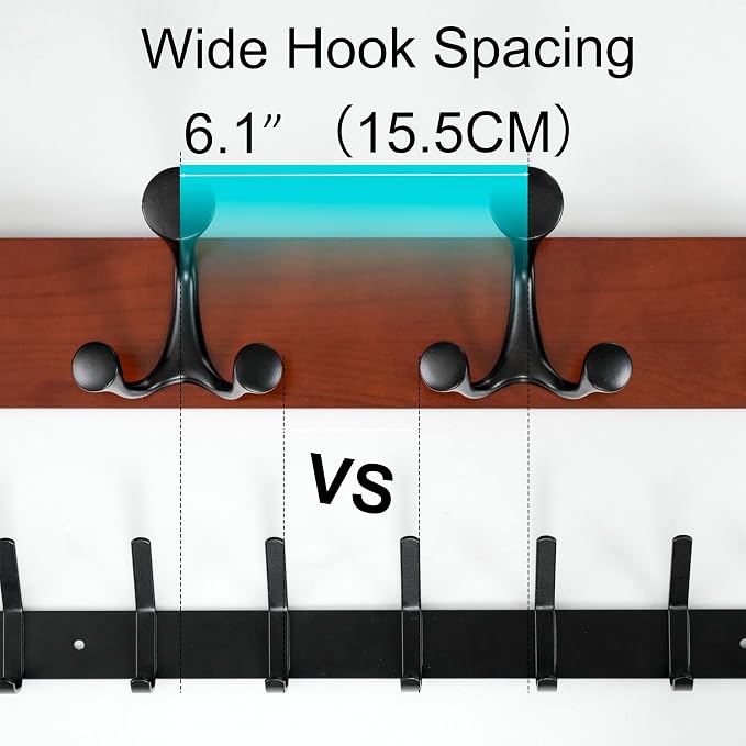 WEBI Coat Rack Wall Mount,36" Solid Wood Coat Hooks Wall Mounted Coat Hanger,16" Hole to Hole,Heavy Duty Hook Rack Rail,6 Triple Hooks for Hanging Coats,Jacket,Clothes,Hat,Backpack,Cherry,2 Packs