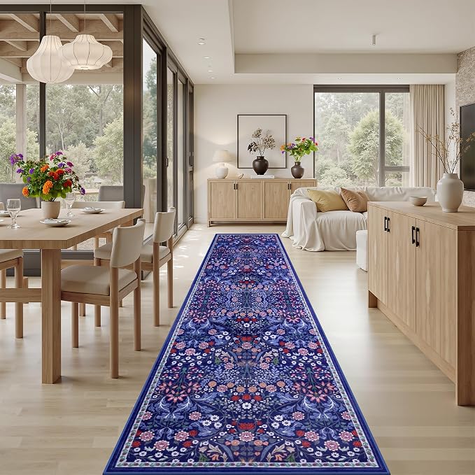 Runner Rug for Entryway: 2.6x14 Kitchen Rugs Non Slip Washable Ultra-Thin Soft Floral Carpet Indoor Floor Stain Resistant Carpets for Hallway Bedroom Kitchen Laundry Bathroom Dorm Blue