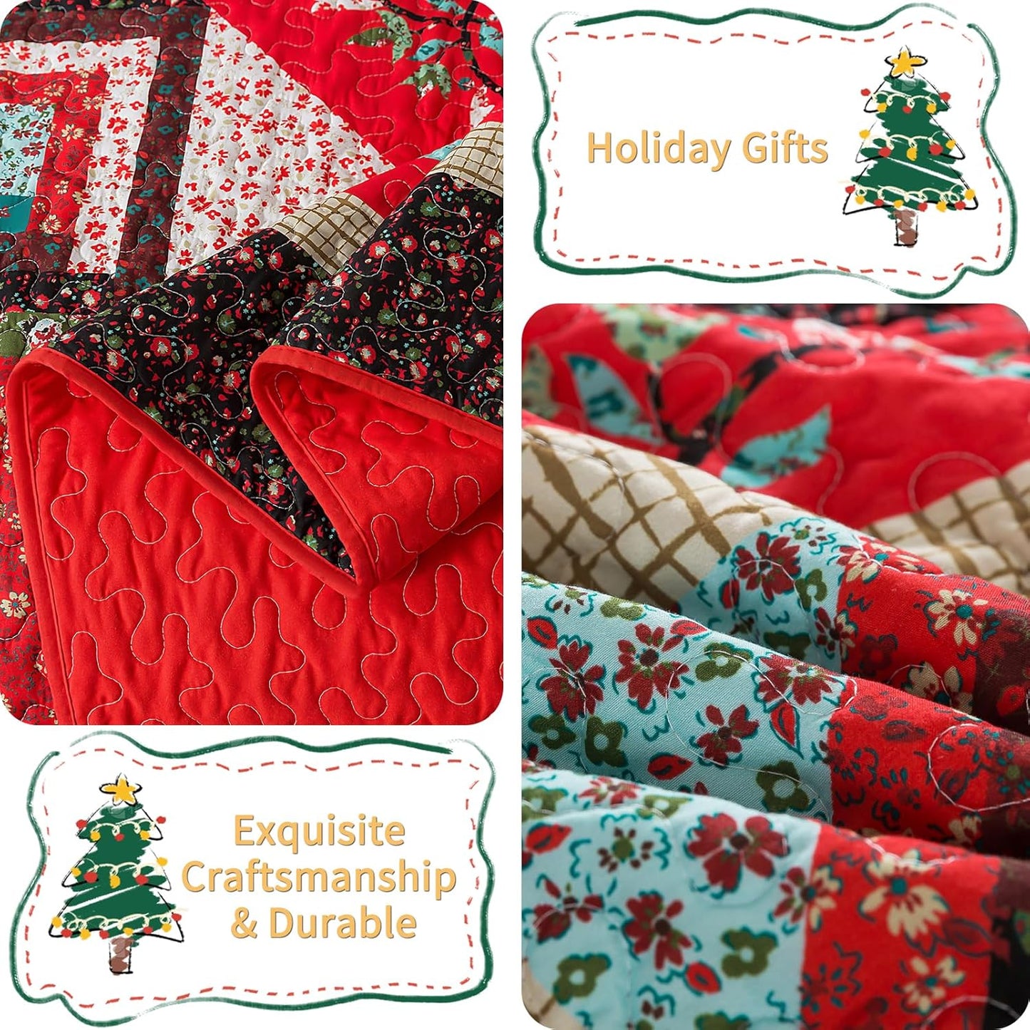 VAPUTAR Cotton Queen Quilt - Christmas Queen Size Quilt Bedding Set for Bed - Lightweight Farmhouse Bedspread with 2 Pillow Shams, 90x98 Inch All-Season Coverlet