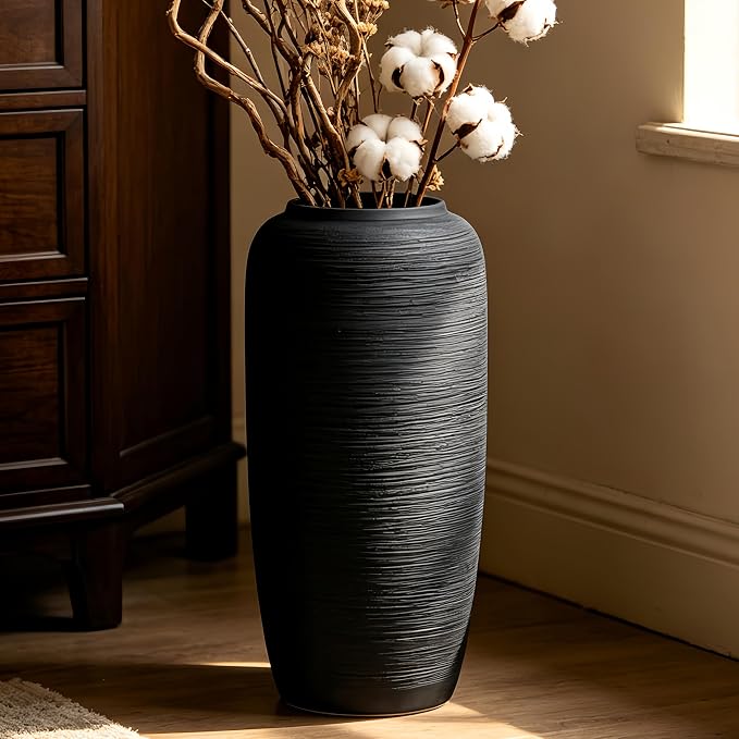 Large Rustic Ceramic Black Vase,15.7 Inch Tall Pottery Farmhouse Decor Floor Vase Vintage Flower Vases for Home Living Room Entryway Table Centerpiece Decor,Terracotta Vases,Wedding Gift