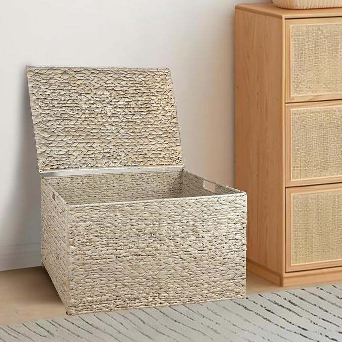 Water Hyacinth Storage Basket with Lid, 52.8 Gallon (200L), White | Large Blanket Storage Basket with Handles, Woven Storage Bin, Foldable, Metal Frame, for Bedroom, Laundry Room, Living Room