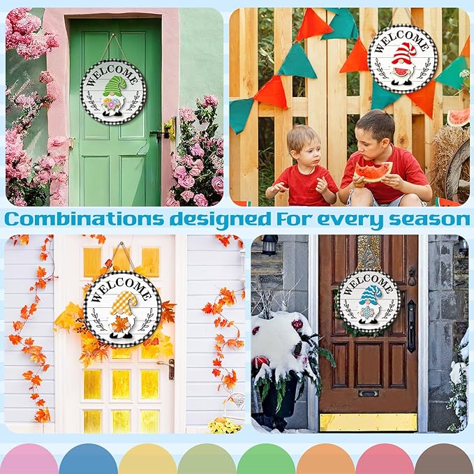 Qunclay Interchangeable Wooden Gnome Decor Holiday Seasonal Gnome Decorations with Magnet Pieces and Detachable Hats Changeable Welcome Sign for Home(Vivid Style)
