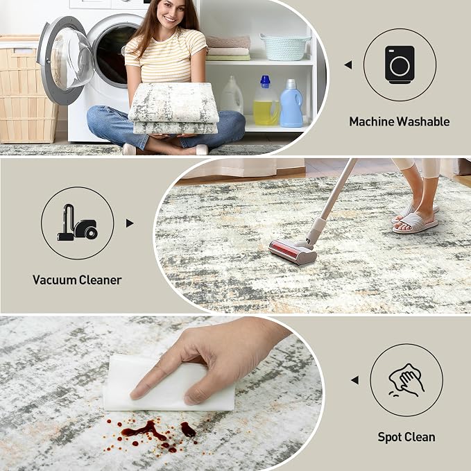 9x12 Area Rugs Washable Rug: Modern Abstract Living Room Rug Soft Anti-Skid Thin Carpet Indoor Floor Non-Shedding Carpets for Bedroom Dining Room Farmhouse Nursery Home Office Grey Brown