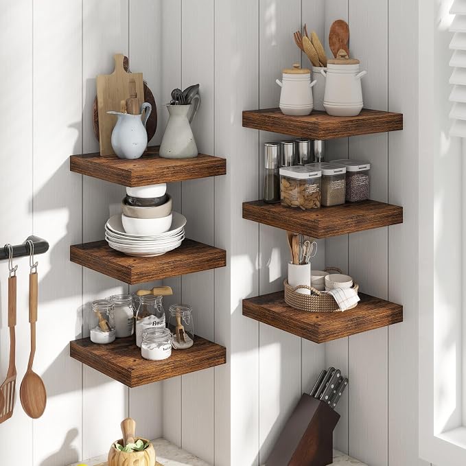 12 Inch Floating Shelves for Wall with Invisible Brackets Set of 3, 12"D Engineered Wood Wall Shelves with Wood Grain for Living Room, Bedroom, Bathroom, Kitchen Decor and Storage, Rustic Brown