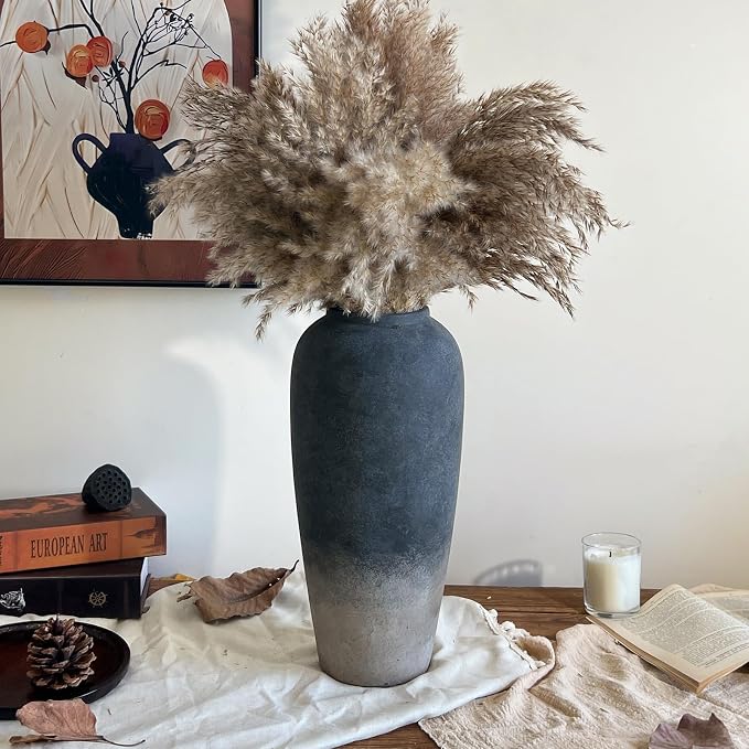 Ceramic Rustic Farmhouse Vase, 15 Inch Black Handmade Pottery Flower Vase for Home Decor, Rustic Living Room Decor, Wedding Gifts, Shelf & Table Decoration