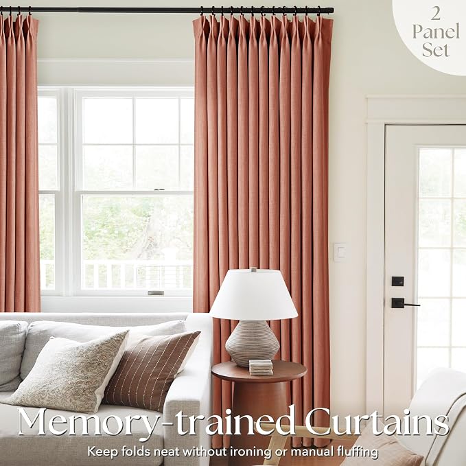 Terracotta Pinch Pleated Linen Curtains 72 Inch Length 2 Panels for Living Room Bedroom Textured Semi Sheer Drapes Pinch Pleat Rings Window Curtain 40x72