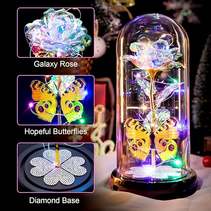 Mothers Day Rose Gifts for Mom Birthday Gift for Women, Rechargeable Galaxy Glass Rose in Glass Dome Colorful Crystal Flower Butterfly Mother's Day Flowers Gifts for Women Mom Wife Grandma Daughter
