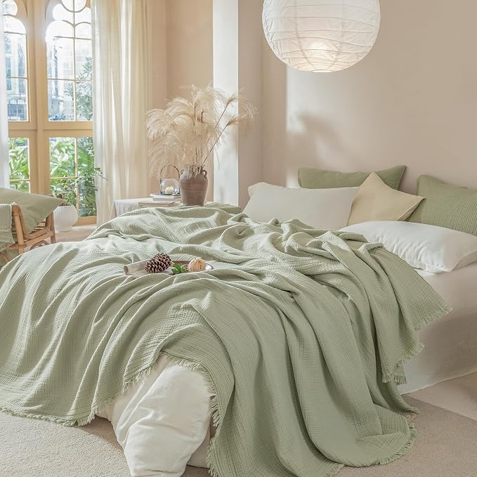Muslin Fringe Blankets for Adults: 100% Cotton Cloud Soft | 4-Layer Gauze Breathable Lightweight All Season Throw Blanket for Bed Couch Sofa Office