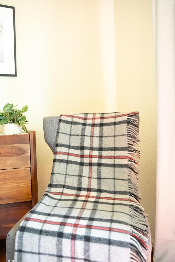 Briomhar Tartan Throw Blanket Plaid - Scottish Wool Blanket, Thick Warm Throw with Fringed Edges 60 x 70 inches (Thomson Grey)