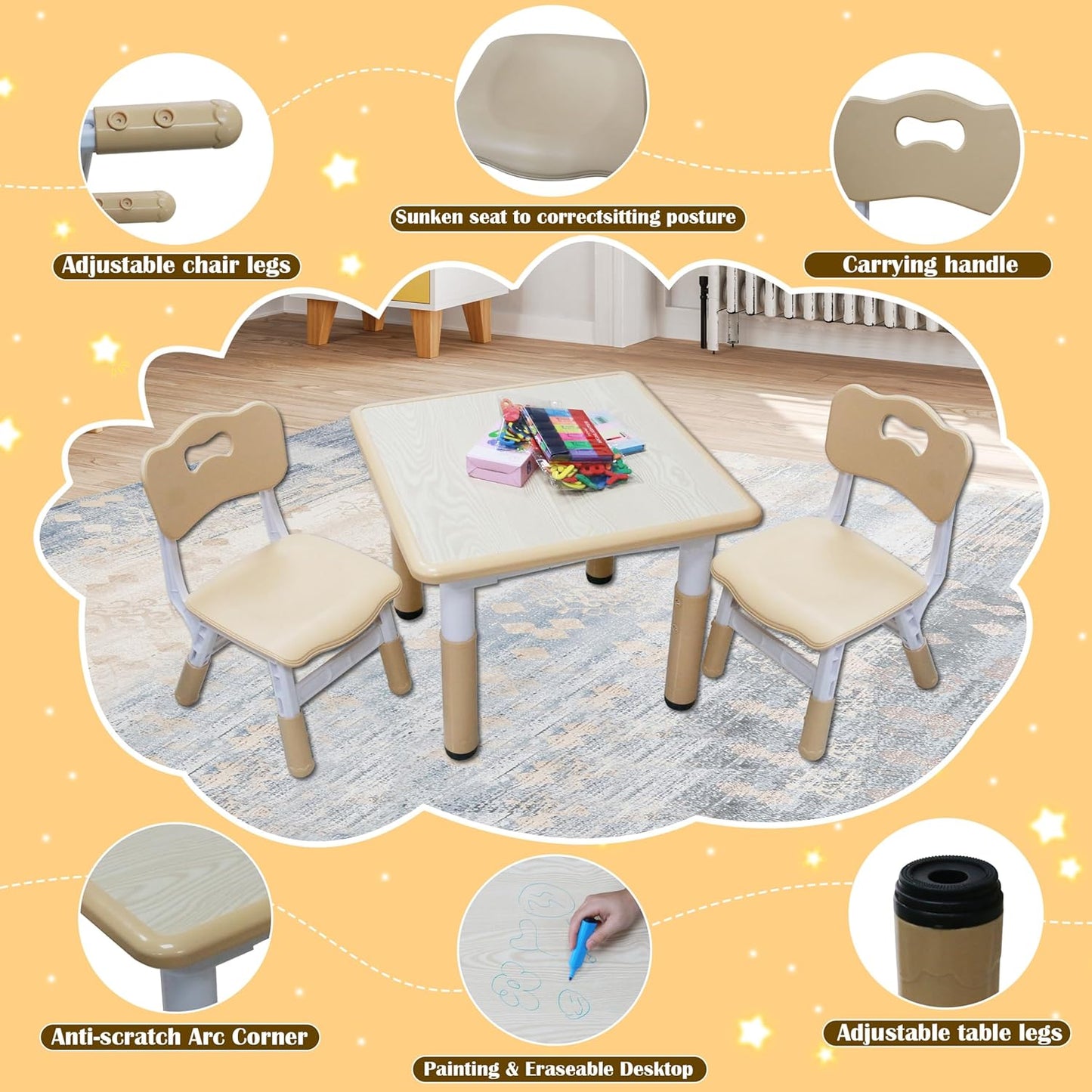 Kids Table and 2 Chairs Set with Graffiti Desktop, Toddler Furniture Set, Non-Slip Table Children Study Desk, Dining Table, Height Adjustable Desk, Painting Desktop for Kids (23.6x23.6Inch)