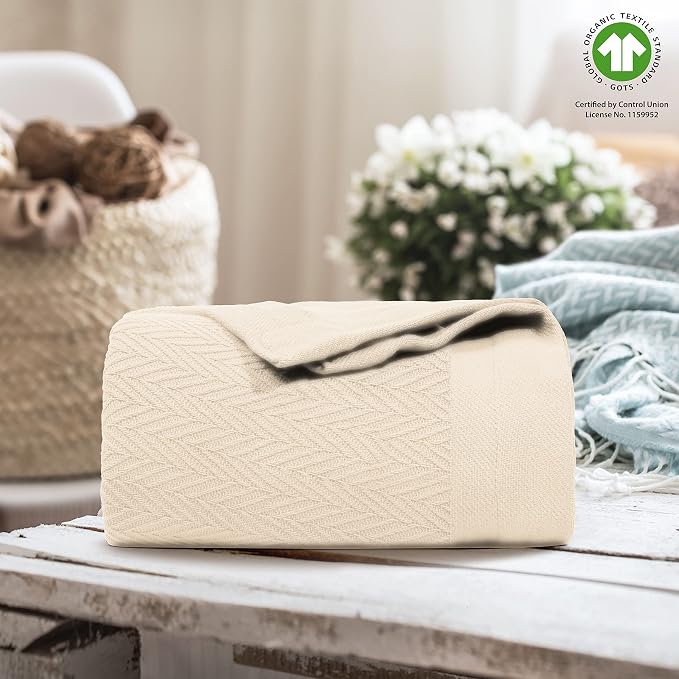 Organic GOTS Certified Cotton Blanket, Twin/Twin XL - 350 GSM, Antistatic, Fuzzy Soft, Lightweight, Sofa, Camping & Travel, All-Season Herringbone Throw, Ivory/Cream + Stylish Bonus Tote Bag