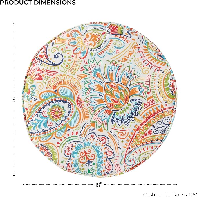 Set of 2 Outdoor 18 inch Round Patio Dining Chair Pads – Comfortable Fiber-Filled Seat Cushions with Ties, Reversible Polyester Fabric, Jamboree Paisley