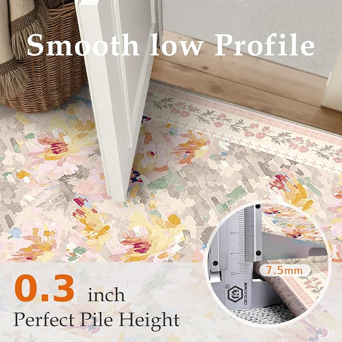 3x3 Washable Area Rug for Entryway Beige Pink Floral Abstract Soft Throw Rug Modern Non Slip Low Pile Small Carpet for Kitchen Bathroom Living Room Bedroom