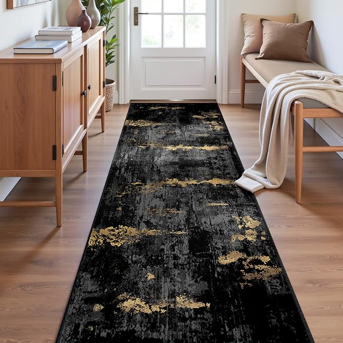 RELEANY Washable Area Rugs 2'x8' Non-Slip Modern Abstract Soft for Living Room Entryway Bedroom Nursery, Print Pattern, Dark Black Gold