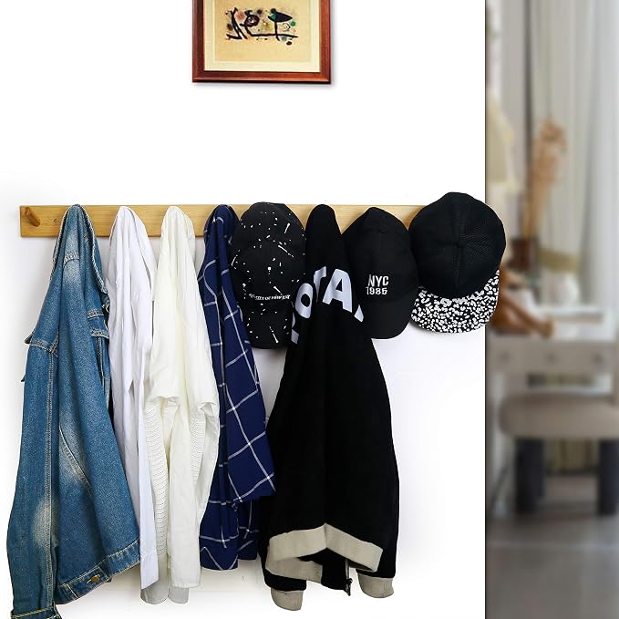 WEBI Coat Rack Wall Mounted,10 Hooks,38" Long Coat Hanger Wall Mount,Peg Rail Hat Hooks for Hanging Caps,Jacket,Clothes,Coats,Natural