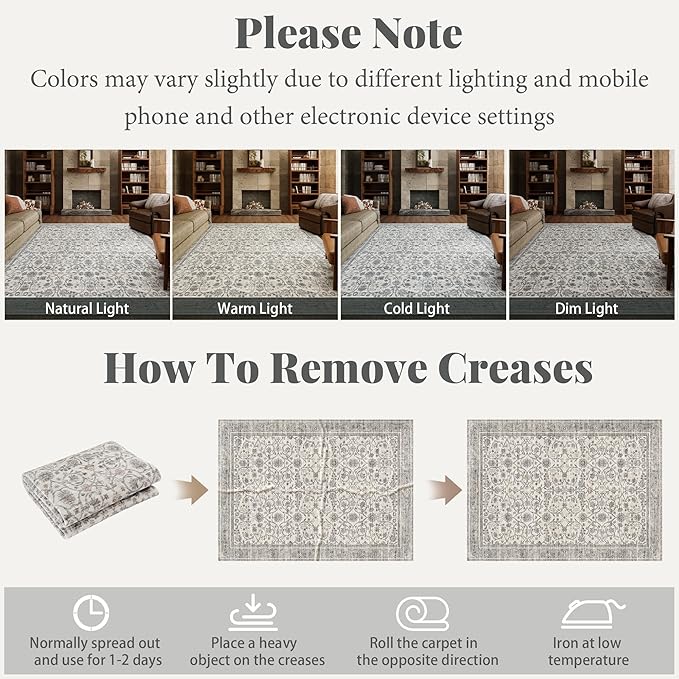 Washable Rugs for Living Room: 10x14 Area Rugs for Bedroom Ultra Soft Non-Slip Stain Resistant Vintage Boho Large Carpet for High-Traffic Dining Room - Farmhouse Decor