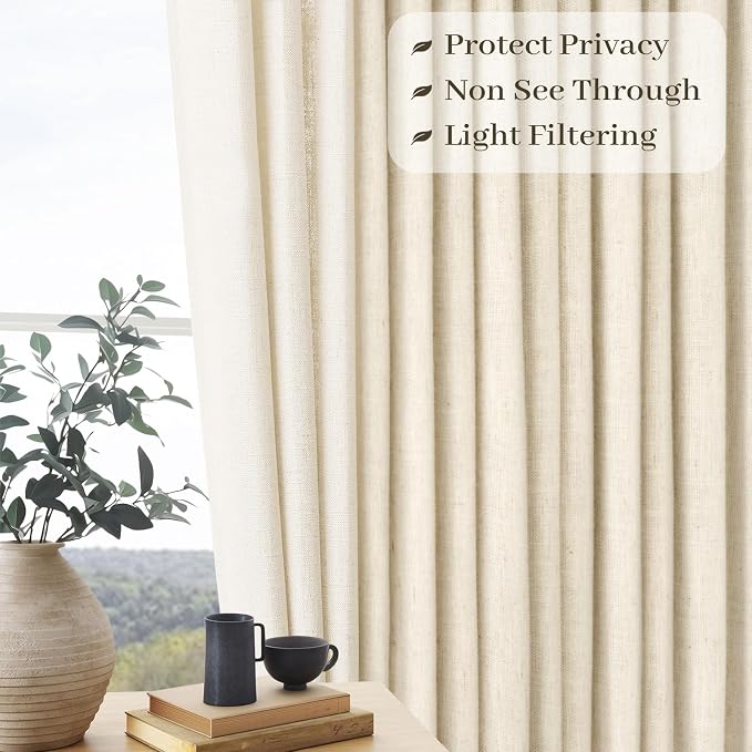 Pinch Pleated Linen 96 inch Long Curtains for Living Room Bedroom 2 Panels Neutral Cream Beige Thick Linen Textured Farmhouse Pleat Curtain with Hooks Rings Back Tab Light Filtering Drapes 8 FT