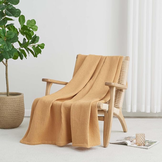 100% Cotton Yellow Blanket King Size for Bed - Breathable and Soft, Waffle Weave for Summer Spring, 102x90 Inches (Marigold)