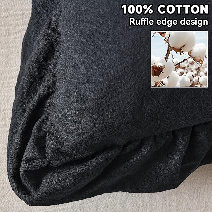 AmHoo Pack of 2 Throw Pillow Covers 100% Cotton Pre Washed Ruffle Decorative Pillowcase Cushion for Couch Sofa Bedroom 20 x 20-Inch Black
