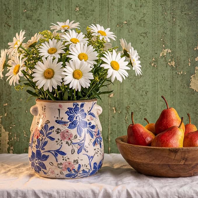 Ceramic Scroll Planter 6.5 Inch Chinoiserie Floral Vase with Drainage Holes Vintage Flower Vase Flower Pot Rustic Ceramic Pots for Indoor Plants Garden Home Bookshelf Decor(Blue, Red)