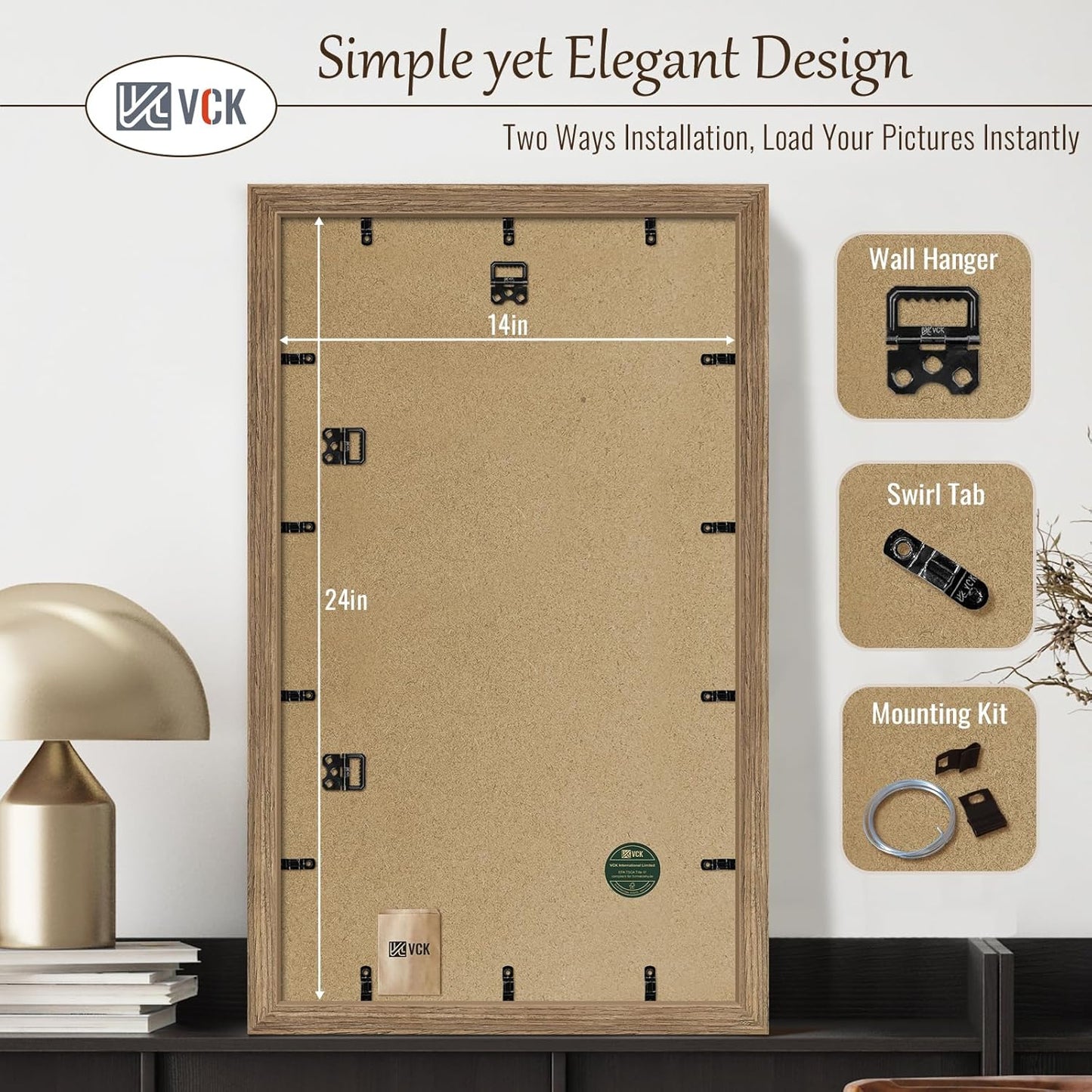 VCK 14x24 Frame Set of 3 - Brown Walnut, Natural Textured Solid Wood Picture Poster Frame, Wall Gallery Frame