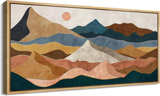 MUDECOR Extra Large Framed Canvas Print Wall Art Desert Peaks Colorful Geometric Mountain Illustrations Antique Retro Fine Art Illustrations Decorative Colorful for Bedroom - 60"x30"