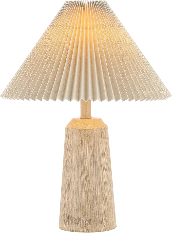JONATHAN Y 20.5" Beige Wood Finish Resin Cylinder Table Lamp Modern Rustic Scandinavian Bedside Lamp for Living Room Bedroom with Black Pleated Empire Shade LED Bulb Included JYL1146A