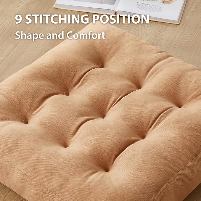 Meditation Floor Pillow Set of 2, Square Large Pillows Seating for Adults, Meditation Cushion Pillow,Tufted Corduroy Cushion for Tatami Living Room or Yoga, Coffee, 22x22 Inch