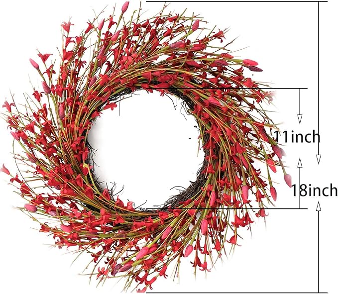 Bibelot 18inch Artificial Forsythia Flower Wreath, All Year Around Wreath for Front Door, Wedding Window Home Wall Indoor Front Door Decor (red, 18in)