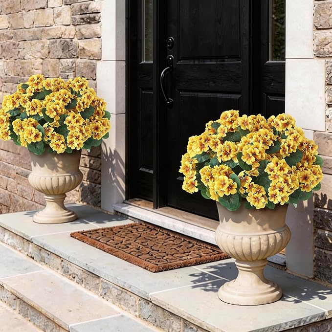 GLIDLION 24 Bundles Artificial Geranium Flowers for Spring Summer Decor, UV-Resistant Fake Plants Realistic Faux Silk Bouquets for Front Door Farmhouse Garden Porch Home Outdoor Decor (Yellow)