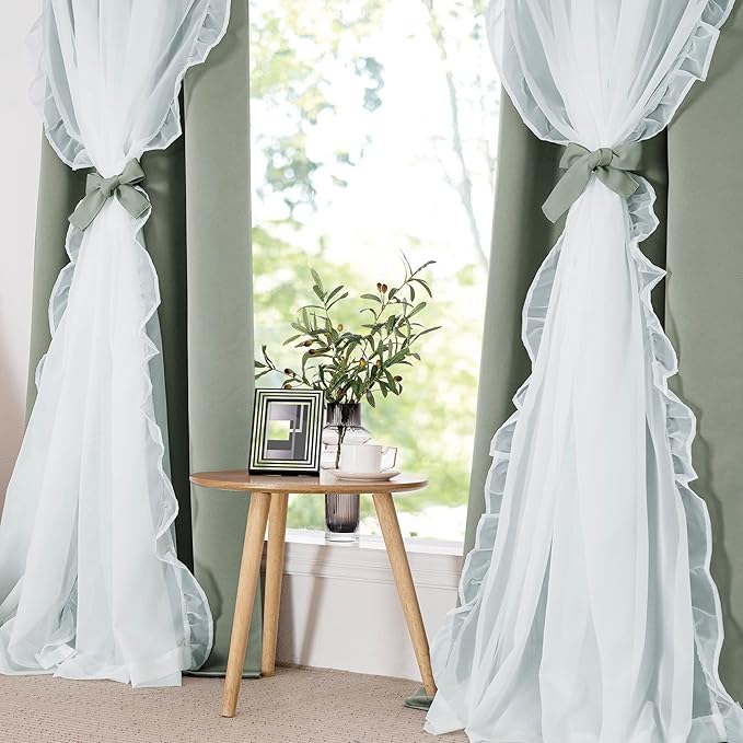 PONY DANCE Blackout Curtains for Whimsical Forest Teen Room, Double Layer Drapes Ruffle Sheer Overlay Farmhouse Rustic Design, W 52 x L 84 Inches, Sage Green, 2 Panels