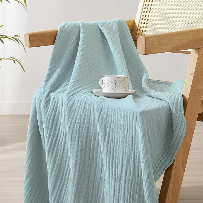 David's Home Soft Muslin Blanket Twin Size for Adults, 60% Rayon 40% Cotton, Breathable Lightweight Cooling Blanket for Hot Sleepers, 4-Layer Cozy Gauze for Bed, 66"x90", Teal Blue
