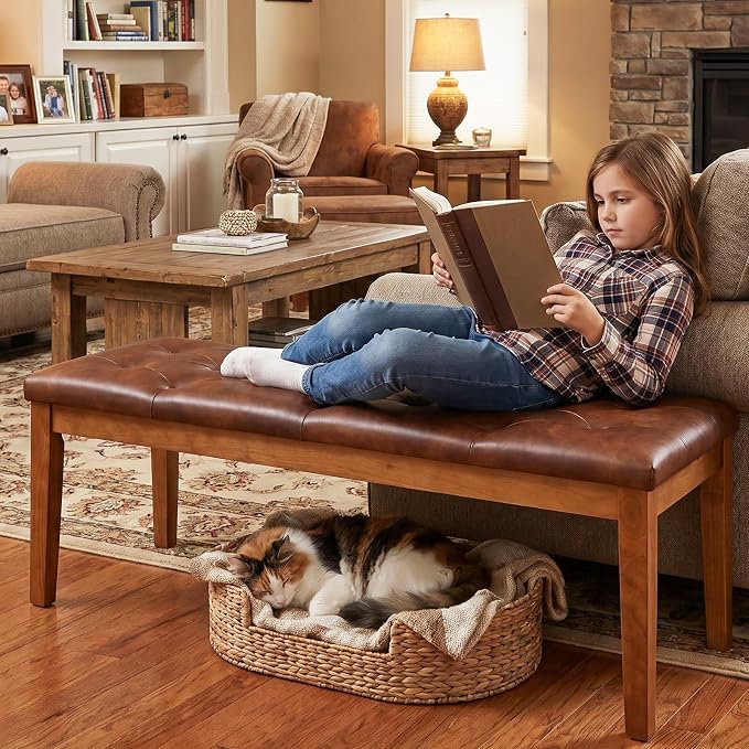Ottoman Bench Upholstered Padded Seat with Solid Wood Legs and Button-Tufted, Big Oversized Ottoman, Faux Leather Retro Brown