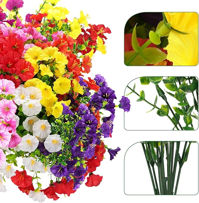 Artificial Flowers for Outdoors, UV Resistant Fake Silk Morning Glory, Realistic Faux Plants for Outside Porch Patio Window Box Hanging Planter (12, Purple White Yellow Pink Red)