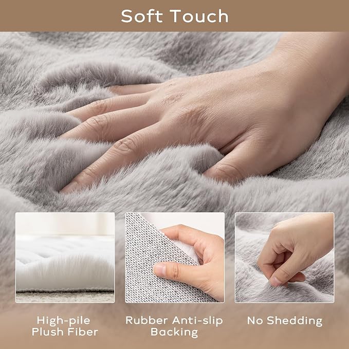 Ashler Faux Rabbit Fur Rug, Light Grey 4x6 FT Fluffy Soft Area Rug, Rectangle Fuzzy Carpet for Living Room, Bedroom, Machine Washable - 3D Bubble Mat