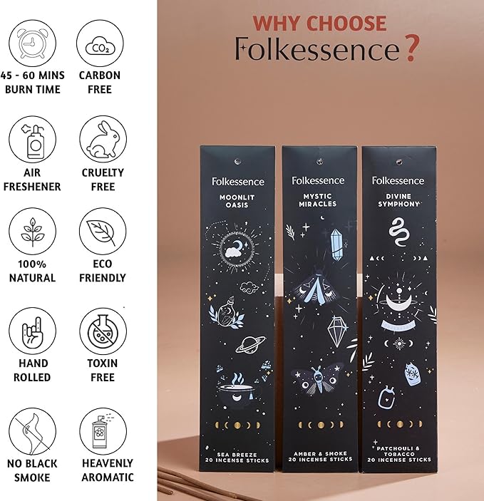 Folkulture Incense Sticks (120 Sticks) | Set of 6 Premium Incense For Home Cleansing, Aromatherapy, Gifts | No Charcoal, Organic, Non Toxic, 45 Mins, Long Burning Palo Santo, Sandalwood Insence-Sticks