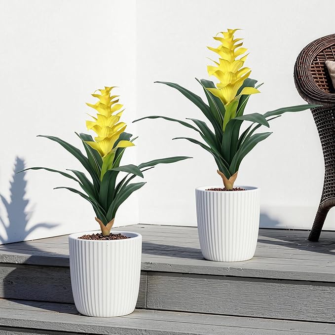 Ivydale Fake Flowers Plants for Outdoors, 2 Pcs 16.93" Bromeliad Artificial Flowers Uv Resistant Realistic Faux Flowers for Outdoor Planters Outside Porch Patio Yard Garden Indoor Decoration(Yellow)