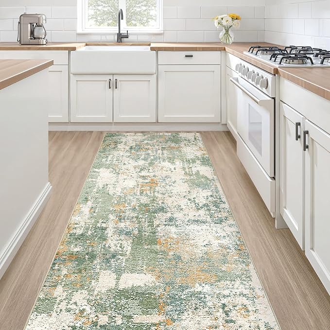 Runner Rug Kitchen Washable Rugs: 2x6 Non-Slip Abstract Soft Modern Stain Resistant Indoor Floor Neutral Accent Throw Carpet for Hallway Bathroom Laundry Room Entryway Bedroom- Green