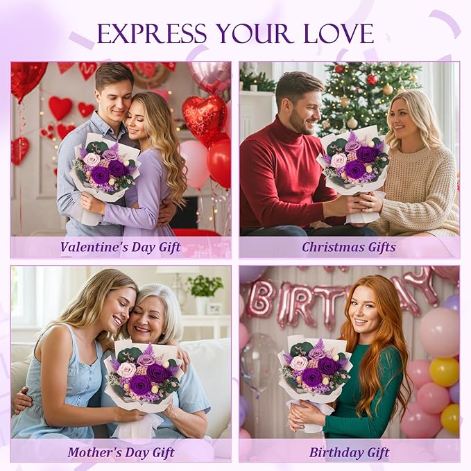 Preserved Flowers Bouquet 4 Roses with Vase,Flowers for Delivery Prime That Last 3-5 Years Real Forever Flowers Rose Bouquet for Mom Mother Women Wife Friends Birthday Mother's Day