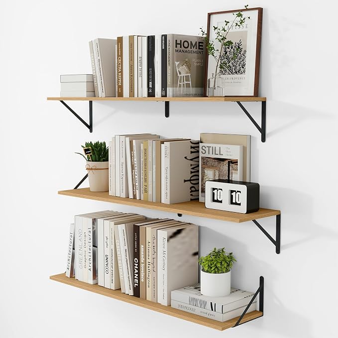 Vivelove 8 Inch Deep Floating Shelves for Wall, 36W x 8D Wood Wall Shelves Set of 3, Rustic Oak Wide Floating Bookshelf for Living Room, Kitchen, Office, Bedroom, with Black Metal Bracke - Oak
