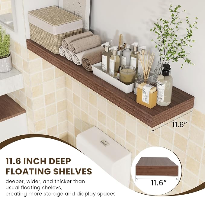 FLYJOE Deep Floating Shelves, 48 Inch Walnut Shelves Set of 1 | 12 Inch Deep Shelves for Wall, 48'' x 12'' Rustic Wood Shelves for Bathroom Living Room Laundry Room Kitchen