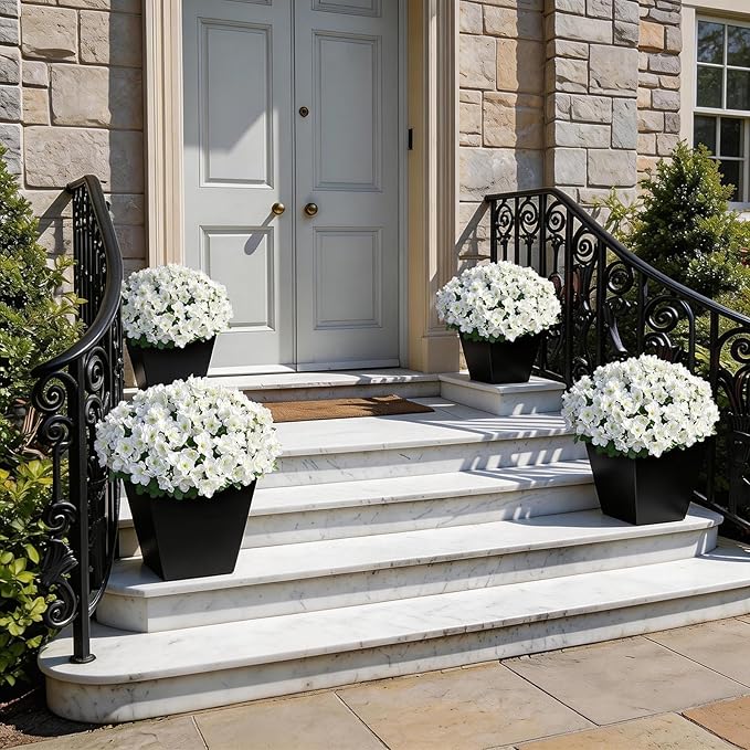 YXZZWL 8 Bundles Artificial Flowers for Front Door, Fake Silk Azalea Bouquet Silk Flowers for Outside UV Resistant Realistic Faux Plants for Planter Farmhouse Patio Garden Walkways Home Decor (White)