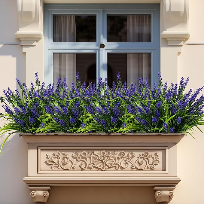 Nigirior Artificial Flowers for Outdoor Plants 24 Bundles Fake Lavender Plastic Faux Monkey Grass for Verandah Window Garden Office Patio Front Porch UV Resistant for Planter(Purple)